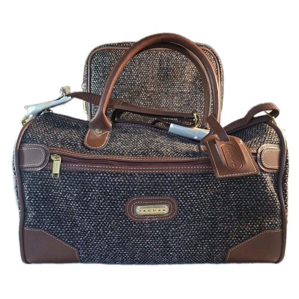 Vtg Jaguar Brown Tweed Duffle Bag Toiletry Pouch 2Pc Set NWT Deadstock Luggage